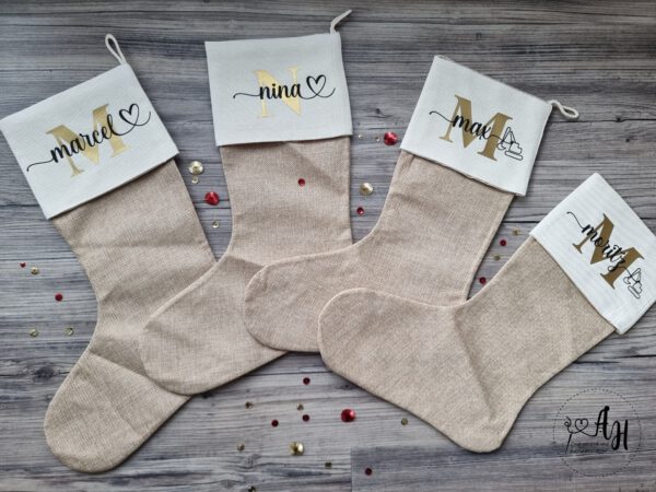 personalisierter Nikolausstiefel, Weihnachtssocke, Nikolausstrumpf, Jute, Strumpf, Weihnachten, Wunschname – Bild 2