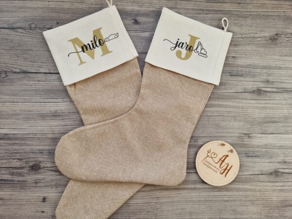 personalisierter Nikolausstiefel, Weihnachtssocke, Nikolausstrumpf, Jute, Strumpf, Weihnachten, Wunschname – Bild 4