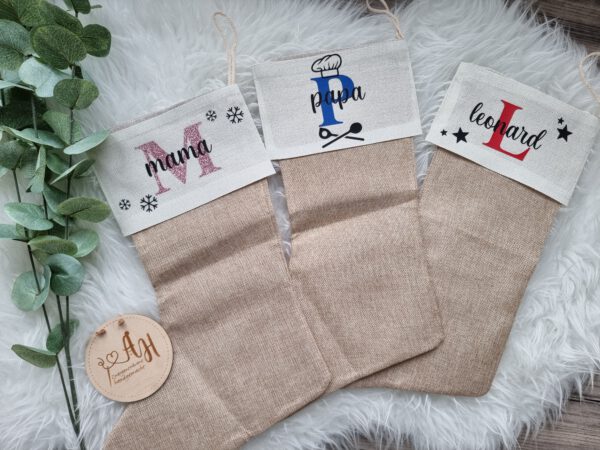 personalisierter Nikolausstiefel, Weihnachtssocke, Nikolausstrumpf, Jute, Strumpf, Weihnachten, Wunschname – Bild 7
