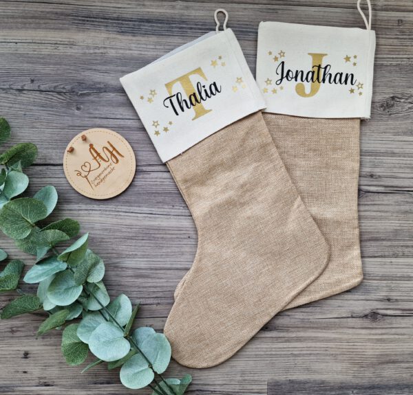 personalisierter Nikolausstiefel, Weihnachtssocke, Nikolausstrumpf, Jute, Strumpf, Weihnachten, Wunschname – Bild 9
