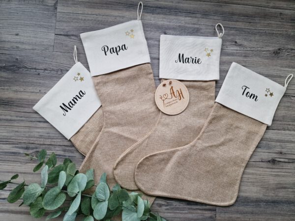 personalisierter Nikolausstiefel, Weihnachtssocke, Nikolausstrumpf, Jute, Strumpf, Weihnachten, Wunschname – Bild 3