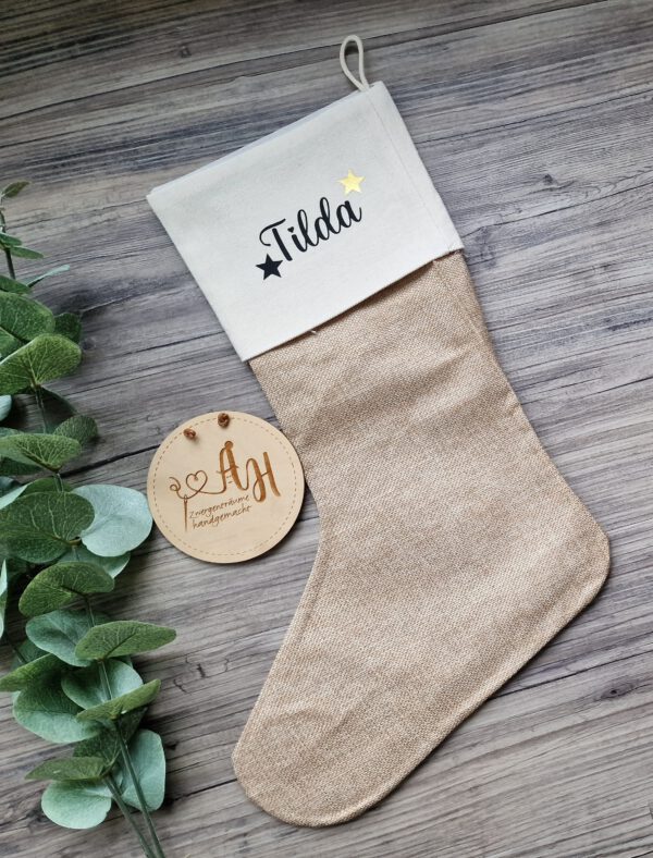 personalisierter Nikolausstiefel, Weihnachtssocke, Nikolausstrumpf, Jute, Strumpf, Weihnachten, Wunschname – Bild 11