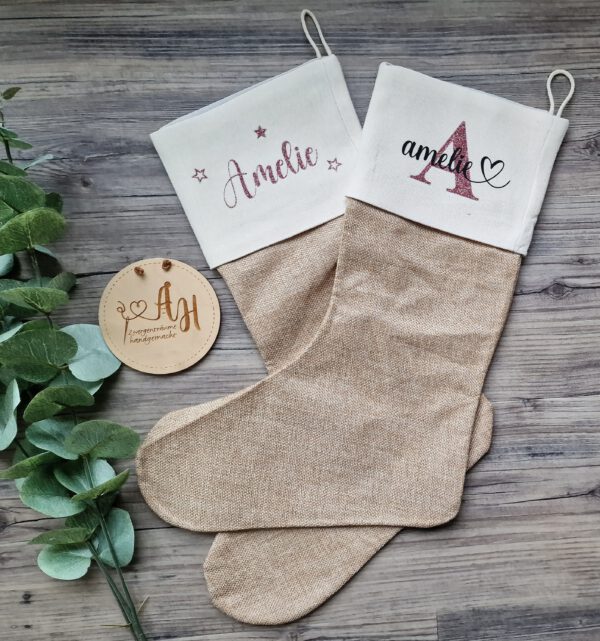 personalisierter Nikolausstiefel, Weihnachtssocke, Nikolausstrumpf, Jute, Strumpf, Weihnachten, Wunschname – Bild 12