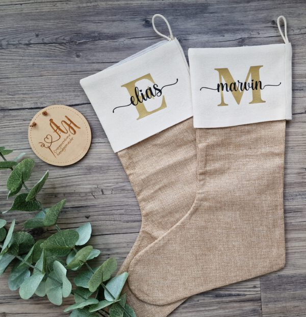 personalisierter Nikolausstiefel, Weihnachtssocke, Nikolausstrumpf, Jute, Strumpf, Weihnachten, Wunschname – Bild 13