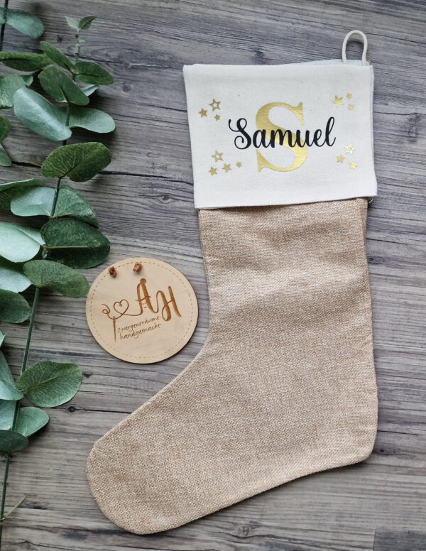 personalisierter Nikolausstiefel, Weihnachtssocke, Nikolausstrumpf, Jute, Strumpf, Weihnachten, Wunschname – Bild 15