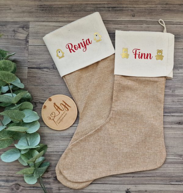 personalisierter Nikolausstiefel, Weihnachtssocke, Nikolausstrumpf, Jute, Strumpf, Weihnachten, Wunschname – Bild 16