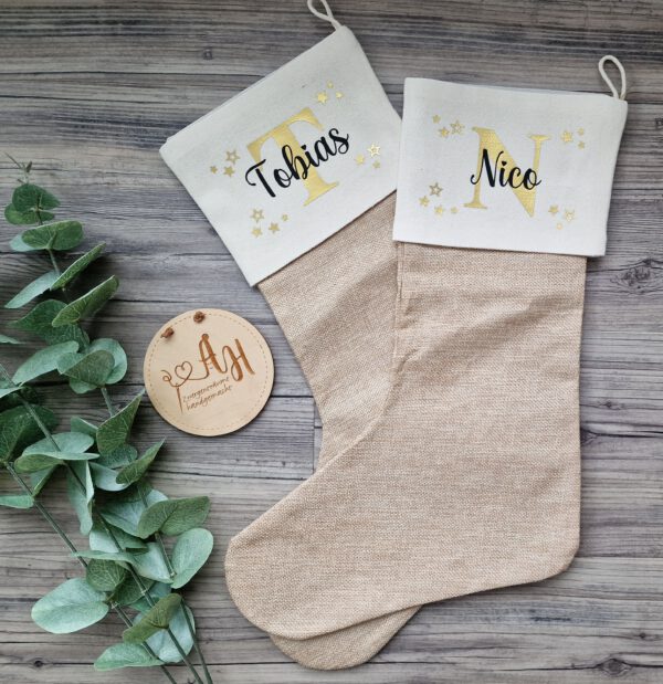 personalisierter Nikolausstiefel, Weihnachtssocke, Nikolausstrumpf, Jute, Strumpf, Weihnachten, Wunschname – Bild 17