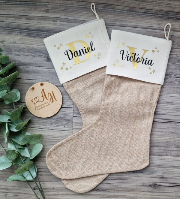 personalisierter Nikolausstiefel, Weihnachtssocke, Nikolausstrumpf, Jute, Strumpf, Weihnachten, Wunschname – Bild 18