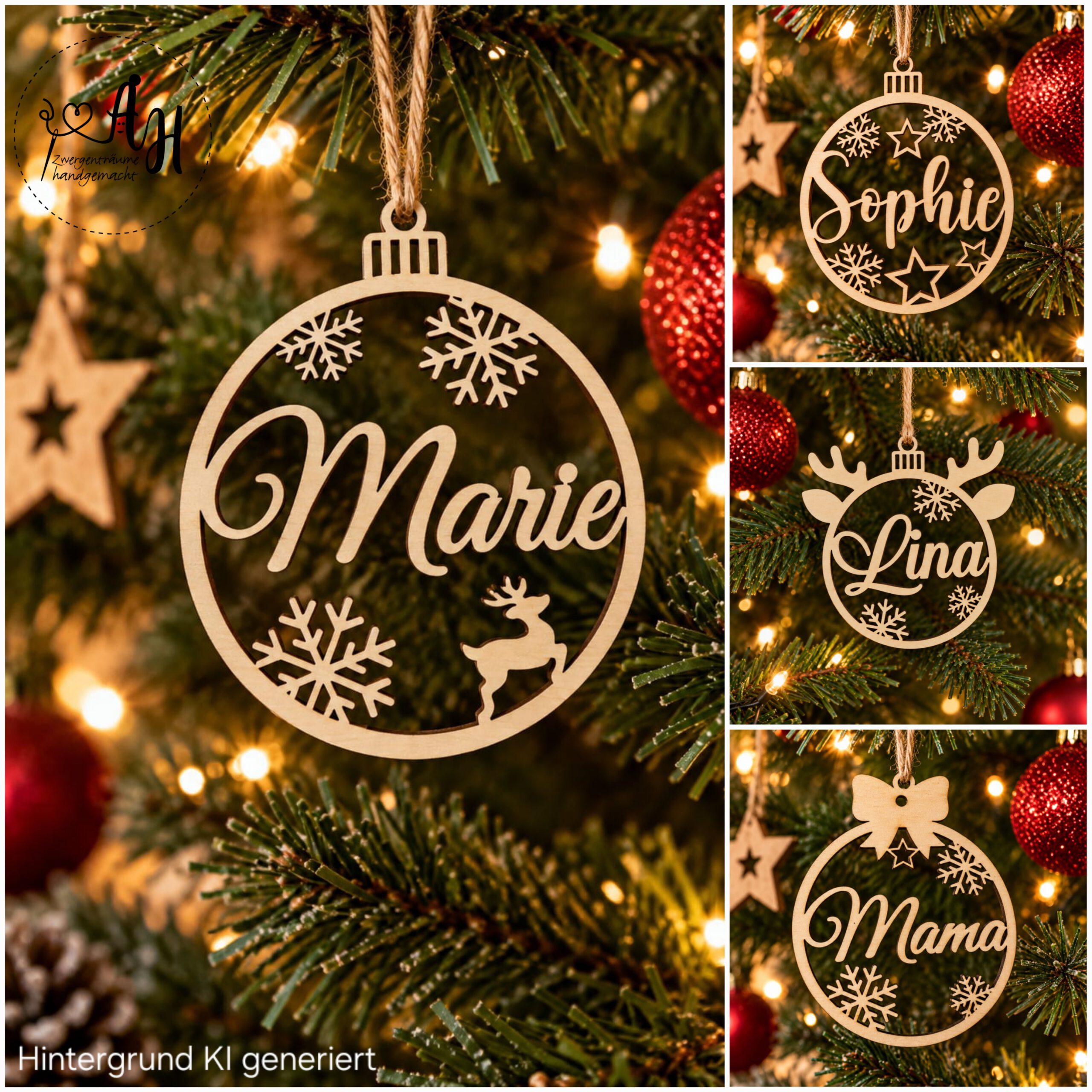 Personalisierte Weihnachtskugel aus Holz mit Namen | Christbaumschmuck personalisiert | Geschenkanhänger Weihnachten