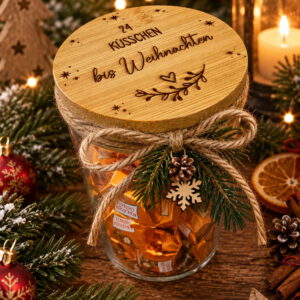 Adventskalender to Go | 24 Küsschen im Glas | Adventskalender im Glas mit Namen | Weihnachtsgeschenk Mitarbeiter Kollegin Freundin | Naschglas