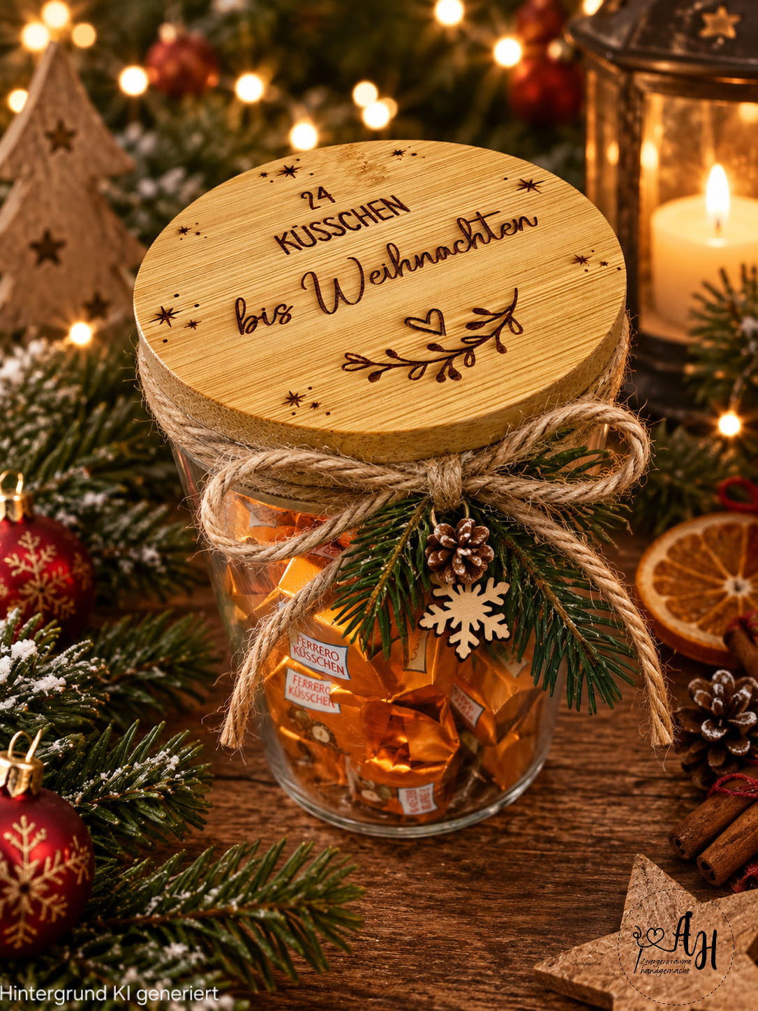 Adventskalender to Go | 24 Küsschen im Glas | Adventskalender im Glas mit Namen | Weihnachtsgeschenk Mitarbeiter Kollegin Freundin | Naschglas